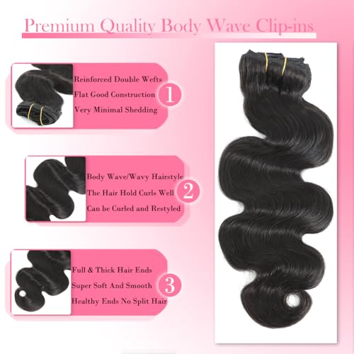 Body Wave Clip in Hair Extensions Real Human Hair, 8Pcs 120g Wavy Human Hair Clip in Extensions for Women 12A Brazilian Virgin Wavy Human Hair Extensions Clip ins Natural Black (#1B,16 Inch)