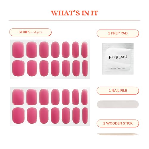Heyhae Semi Cured Gel Nail Strips | No LED Lamp Needed | Summer, Solid, Red | Easy Apply & Remove, Salon Quality | Includes 28 Strips, 1 Prep Pads, Nail File & Wooden stick - Hey, Grape Escape