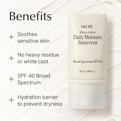 SU:M Micro-Active Daily Moisture Sunscreen (1.69fl oz) - Korean Skincare SPF 40 for UV Protection, Hydration, Soothing Sensitive Skin, No White Cast. With Biopeptide190 & Niacinamide.
