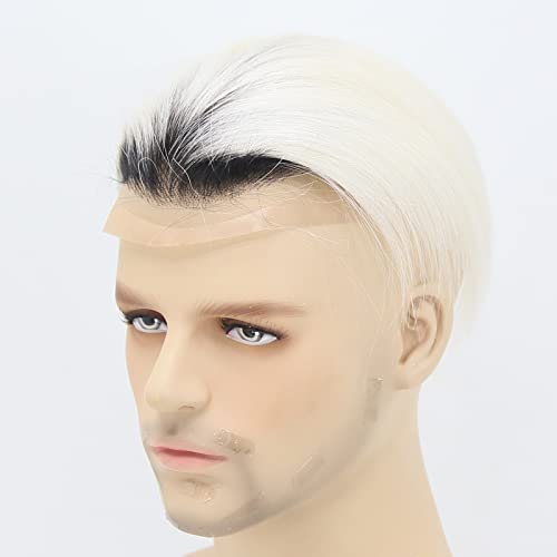 ZigZag Hair Mens Toupee Black Roots Ombre Platinum Blonde 8x10inch Human Hair #60 Color Lace Front Toupee for Men Soft Thin Skin Mens Hair pieces Hair Replacement System Mono with PU around Base (8x10, Ombre #60)