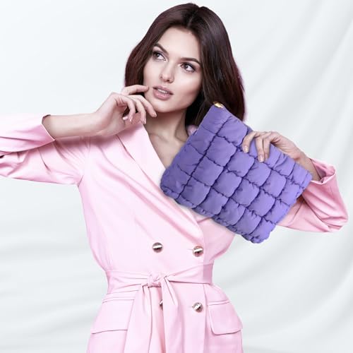 Hillban Purple Puffy Quilted Makeup Bag Quilted Cosmetic Bag Cute Puffer Toiletry Checkered Pouch Aesthetic Travel Makeup Brushes Organizer(Classic)