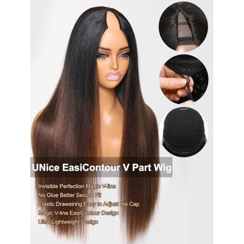 UNICE EasiContour V Part Wigs Human Hair Yaki Straight Glueless Clip in Vpart Human Hair Wig No Sew in No Glue Ombre Chestnut Brown Beginner Friendly 150% Density 20 inch