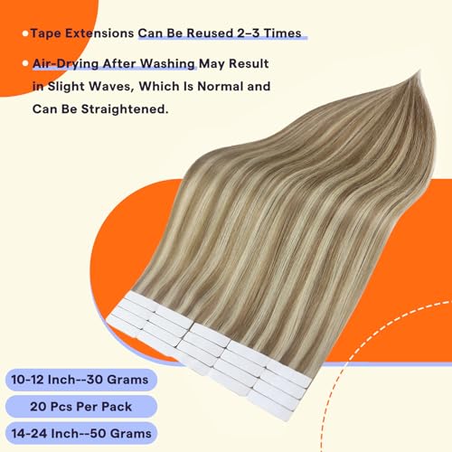 Full Shine Tape Ins Human Hair Extensions 20 Inch Color 16 Light Golden Blonde Highlighted 22 Blonde Tape in Hair Extensions Human Hair Natural Invisible 40PCS Seamless Skin Weft 100 Grams for Party