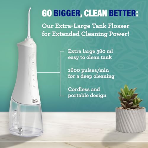 GuruNanda Water Dental Flosser 2.0 XL ? 380ML Large Tank, 4 Flossing Modes, Cordless & Portable with Smart Timer for Deep Cleaning & Happy Gums - White