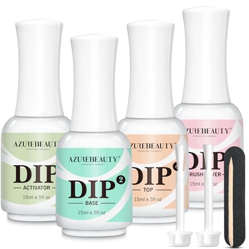 AZUREBEAUTY 4+4pc Dip Powder Liquid Set, 15ml/0.5oz, with Base/Top Coat, Activator, Brush Saver, Nail File? Fast Drying Formula, No UV Light Needed