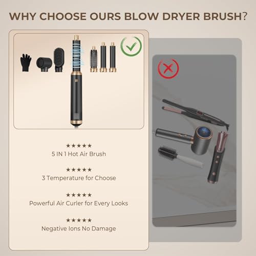 5 in 1 Blow Dryer Brush, Upgrade Hair Dryer Brush Air Curler Air Curling Wrap Styler, Detachable Hot Air Brush Negative Ion Curling Brush Iron, Hair Styling Tools for Drying Curling Straightening