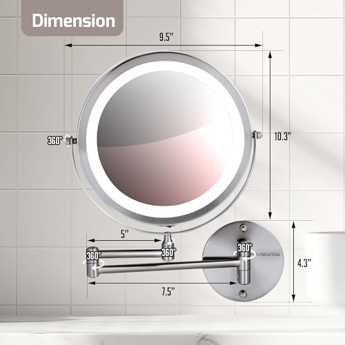 OVENTE Wall Mounted Lighted Makeup Mirror, 9" Double Sided 1X/10X Magnifying Vanity Mirror for Bathroom with LED Lights, Cordless, 360¡Æ Rotation and 13" Extendable Arm, Nickel Brushed MFW85BR1X10X