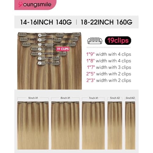 Youngsmile Real Hair Clip in Extensions #10/27/27 Golden Blonde with Bleach Blonde Human Hair Extensions Clip in, Soft Silk Straight,Double Weft, 140g 7 Pieces 14inch (7C#10/27/27-14inch)