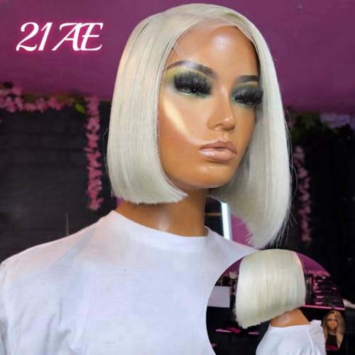 Glueless Wigs Human Hair Grey White Platinum Blonde Wigs for White Women 14'' 13x4 Lace Front Wigs with Baby Hair Pre plucked Frontal and Bleached Knots 60# Gray Ash Blonde Bob Wigs 150%