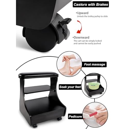 Kalolary Pedicure Foot Rest, Manicure Foot Rest with Wheels PU Leather Home Beauty Footrest Pedicure Foot Stool Stand for Home Salon Use(Black)