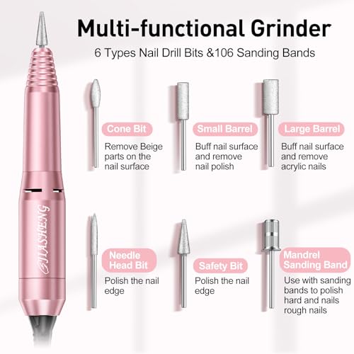 JIASHENG Nail Drill, 20000rpm Professional Electric Nail Drill Machine, Electric Nail File Drills for Acrylic Nails Gel Nails Manicure Pedicure Tools for Salon Use, Pale Pink