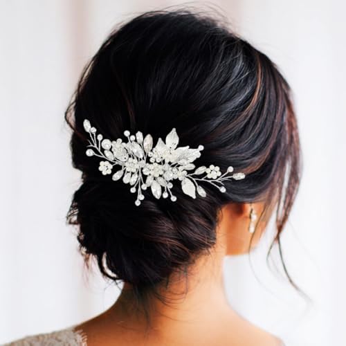 Gorais Leaf Bride Wedding Hair Comb Pearl Bridal Hair Piece Crystal Side Comb Hair Accessories for Women and Girls