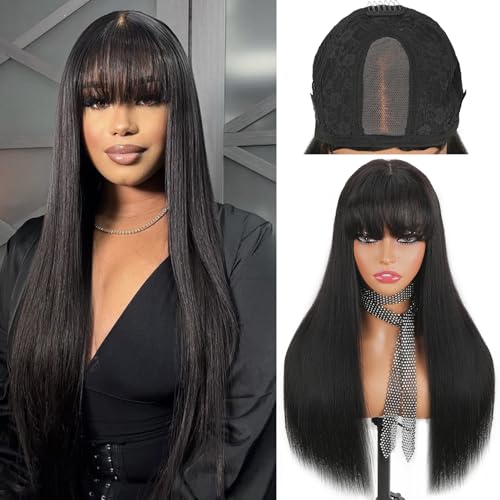 Lace Front Wigs With Bangs 2x4 Human Hair Wigs For Women 200% Density Brazilian Virgin Hair Glueless Wig Natural Black Color(22 Inch)