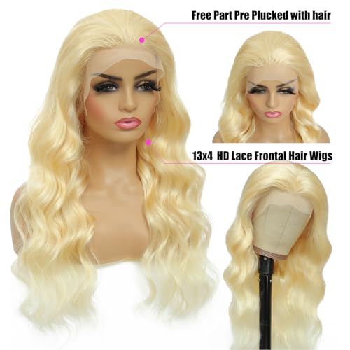 LADYWIGSD 613 Lace Front Wig Human Hair 13x4 HD Lace Frontal Wigs Pre Plucked for women Light Blonde Color Body Wave Lace Front Wig Brazilian Virgin 613 Human Hair Wigs (26 Inch)