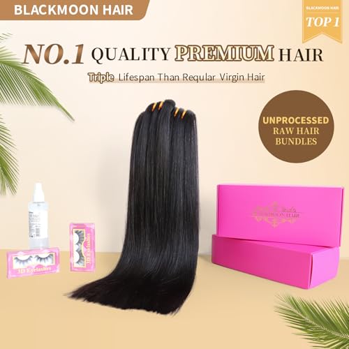 BLACKMOON Raw Human Hair Bundles, 16a Raw Indian Hair, 100% Unprocessed Virgin Straight Bundles, Triple Lifespan Than Regular Virgin Hair, 14 16 18 Inches Double Weft 100g/Bundle Natural Black