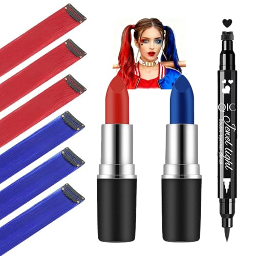 Mysense Halloween Costume Accessories for Adult Women Girls Kids Cosplay Makeup, Red and Blue Clip in Hair Extensions + Face Body Paint Stick + Black Liquid Eyeliner Stamp Makeup Kit