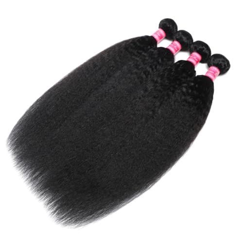 Borchan Kinky Straight Bundles 20 22 24 26 Inches 100% Unprocessed Brazilian Virgin Hair Weft Yaki Straight Human Hair Bundles Sew in Human Hair Weave Natural Black for Women