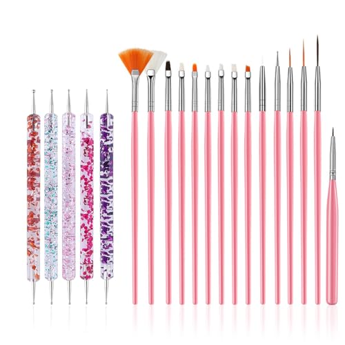 20 Pcs Nail Art Design Tools, 15 Pcs Nail Art Painting Brushes with 5 Pcs Double-end Nail Dotting Tools