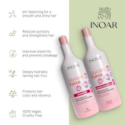 INOAR Glycolic Force Shampoo & Conditioner Bundle with Glycolic Acid for Deep Cleansing, Intense Hydration & Renewed Shine, 33.8 & 27 Fl Oz