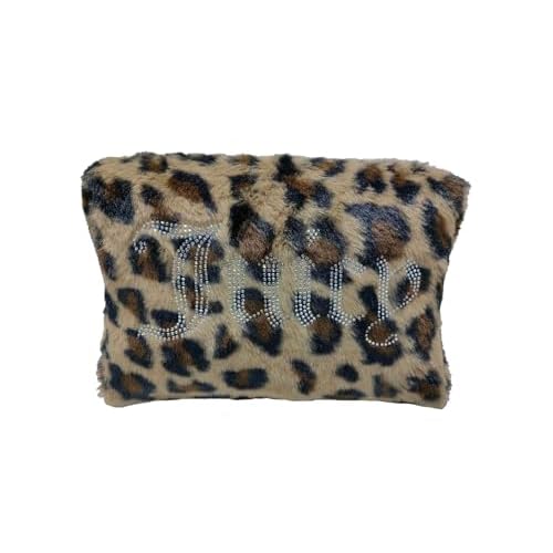 Juicy Couture Brown Makeup Bag Cosmetics Organizer Travel Essentials Zip Top Wedge Leopard Print Faux Fur Rhinestone