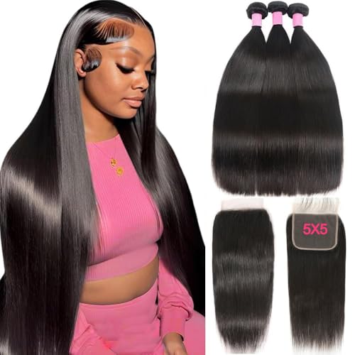 12A Straight Bundles Human Hair with 5x5 Closure 22 24 26+20 Inch Brazilian Human Hair Weave Bundles with 5x5 HD Lace Closure 100% Unprocessed Virgin Hair Extensions