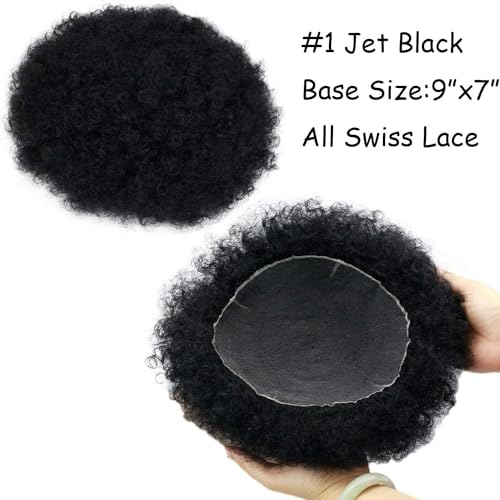 Afro Men's Toupee for African American Men Hairpiece 100% Human Hair 10x8inch Replacement Wig #1 Jet Black Color (All Swiss Lace Base, 1 Jet Black Color)