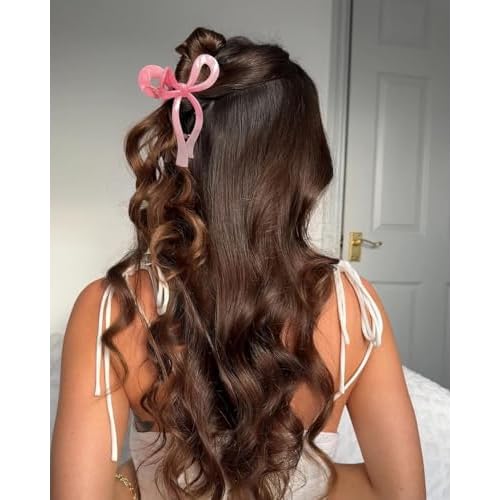 Ayesha Bows Claw Clips - 2 Colors Ribbon Coquette Clips for Thick Hair and Girls, Including Pink