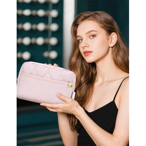 Noozion Makeup Bag, Travel Cosmetic Bag, Puffy Padded Toiletry Bag for Women, Makeup Organizer Case, Wide-open Pouch Purse, Travel Essentials