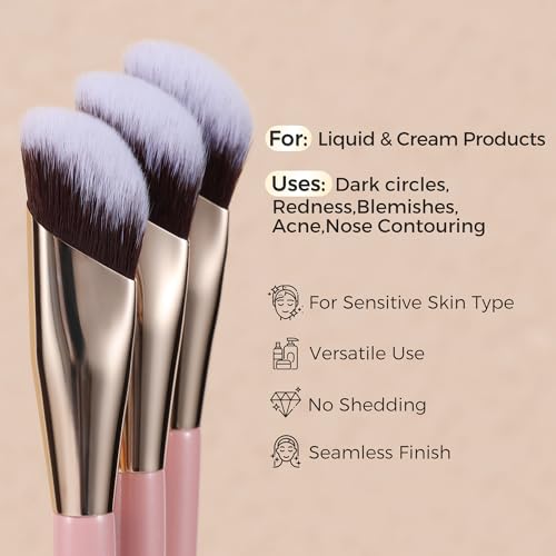 ENERGY Concealer Brush Under Eye, Small Angled Makeup Kabuki Precision Face Blending Brush - Liquid Cream Foundation Concealer for Dark Circles, Eyeshadow,Make Up Nose Contour Applicator Vegan (Pink)