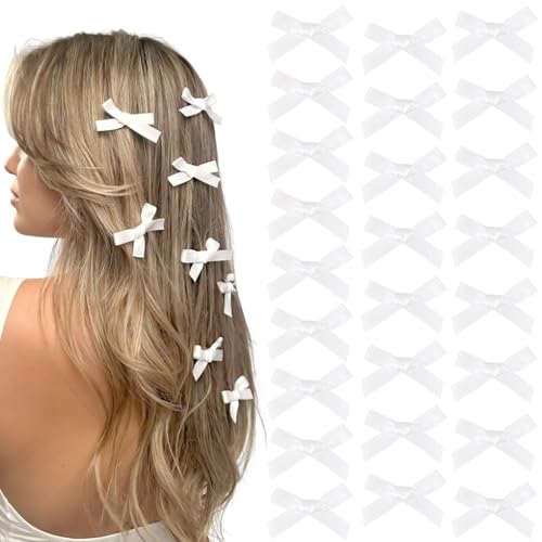 25PCS White Mini Bows Ribbon Clips,2'' Tiny White Bow Barrettes,Hair Bow Satin Hair Ribbon for Women & Girls' Hair Accessories