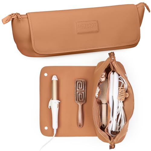BAREFOOT CARIBOU Hair Tools Travel Bag and Heat Resistant Mat for Flat Irons, Straighteners, Curling Iron, and Haircare Accessories, 2-in-1 design, with Interior Pockets, Portable Organizer (Brown)