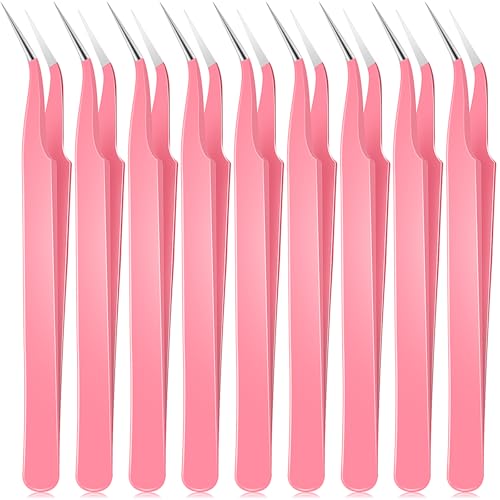 Honoson 9 Pieces Curved Pointed Craft Tweezers Stainless Steel Precision Tweezer with Protective Cover for Rhinestones Dried Flowers Craft Stickers Eyelash Extension Jewelry Making(Pink)