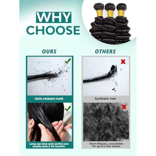 12A Deep Wave Human Hair Bundles 20 20 20 Inch Raw Curly Bundles Human Hair 100% Unprocessed 3 Bundles Brazilian Virgin Human Hair Extensions Quick Weave Natural Black Color