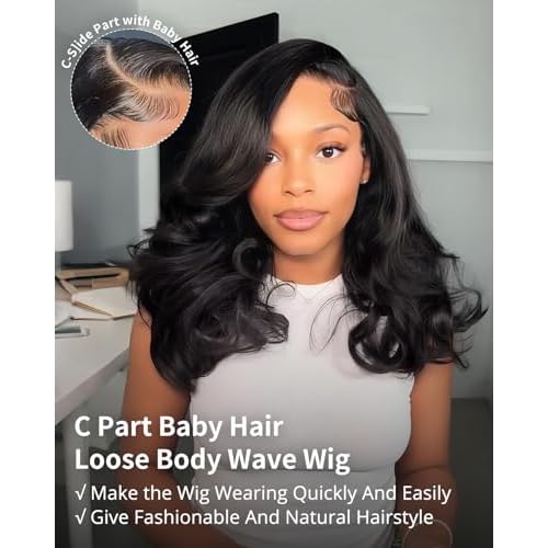 Tinashe Human Hair Wig Glueless Wigs Human Hair Pre Plucked Pre Cut Bob Wear And Go Loose Body Wave Layered Cut 6x5 HD Lace Front Wigs for Black Women Side Part Curtain Bangs Natural Black Wigs 18inch