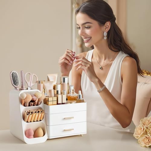 HBlife Makeup Organizer with Brush Holder for Vanity, Large Plastic Bathroom Countertop Organizer Skin Care Storage, Easy to Store Lipsticks, Nail Polishes, Perfumes, Eyeshadow Palettes, All White