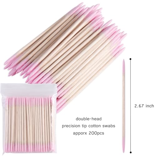 200pcs Pointed Tip Cotton Swabs, Pink Double-head Precision Microblading Cotton Swabs with Wooden Sticks Nail Polish Remover Pen Touch Up Disposable Makeup Applicators Beauty Tools