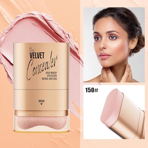 Double-ended Concealer Stick Foundation Stick with Built-in Soft Brush and Natural Finish Concealer Foundation Sticks for Multi-Use Face Makeup (#150 Pink Shell)