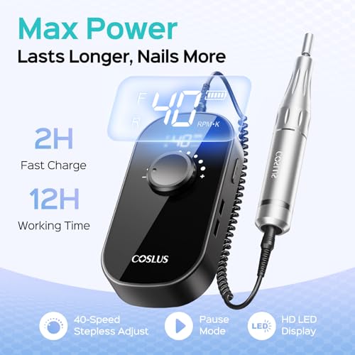 COSLUS Professional Rechargeable Electric Nail Drill 40000 RPM, Portable Nail File with Storage Stand for Acrylic Gel Polishing Removing - Easy to Use for Women, Manicure at Home DIY or Salon, Black