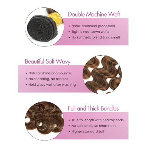 FB30 Brown Highlight Bundles with Closure Human Hair 18 20 22+18 Inch, Ombre Body Wave 3 Bundles with 4x4 HD Transparent Lace Closure 12A Unprocessed Soft Remy Hair Balayage Hondy Blonde Color