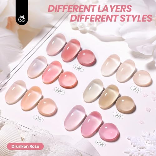 Beetles Nude Gel Nail Polish Set - 6 Colors Nude Pink Brown Neutral Jelly Gel Polish Kit Sheer Translucent Effect Soak Off UV Nail Art Design Drunken Rose Collection Manicure Gift for Women