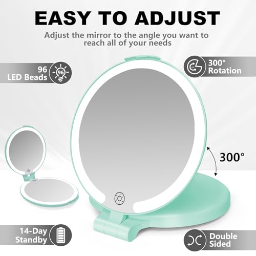 VANRIOS 6.3 Inch Rechargeable Folding 10x Magnification Double Sided Makeup Mirror with Lights, Portable Travel Mirror for Women with Nearsightedness | Travel Essentials for Women
