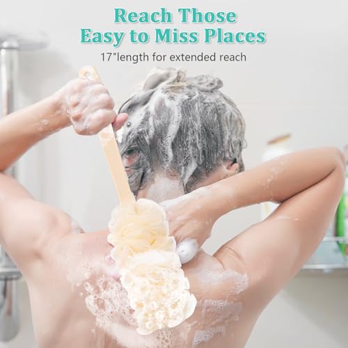 2Pack Back Scrubber for Shower Loofah with Long Handle, Shower Brush for Body, 17¡È Loofah on a Stick for Men Women Bathing Accessories, Scrubber Sponge for Exfoliating Bath Brushes (Beige & Green)