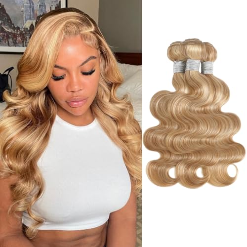 F27/613 Blonde Highlight Human Hair Bundles Body Wave, 13A Soft Honey Blonde Body Wave 3 Bundle Healthy 100% Virgin Hair #27/613 Highlight Mix Colored Wavy Weave for Women 3pcs 14 16 18 Inch