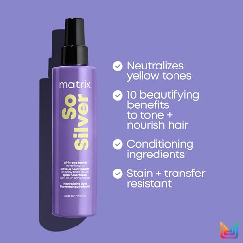 Matrix So Silver All-In-One Leave-In Toning Spray - Neutralizes Yellow, Brassy Tones, Nourishes Hair and Controls Frizz, For Color-Treated Hair, 6.8 Fl Oz