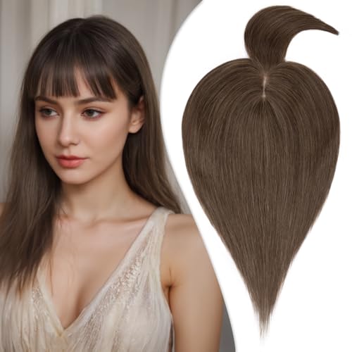 Human Hair Toppers for Women, 150% Density Hair Topper with Bang, No Tangle & Smooth, Upgrade 7x13cm Silk Base, 16 Inch #02 Dark Brown