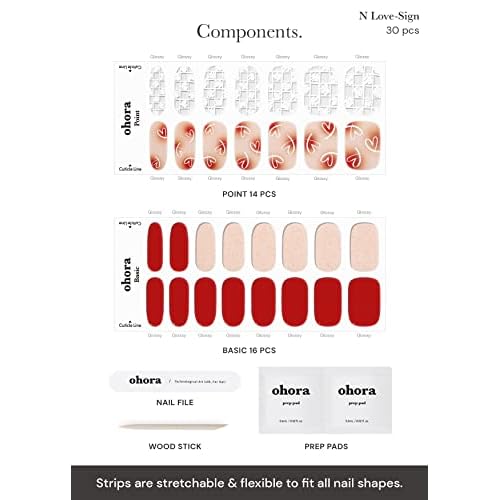 ohora Semi Cured Gel Nail Strips (N Love-Sign) - Red, Patterned, Works with Any UV/LED Lamps, Salon-Quality, Long Lasting, Easy to Apply & Remove - Includes 2 Prep Pads, Nail File & Wooden Stick