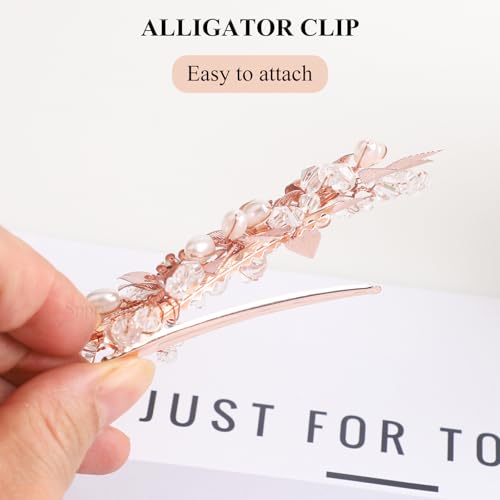 Wedding Hair Clips Set of 3 PCS - Floral Rhinestone Pearl Hair Accessories for Bridal Women (Rose Gold)