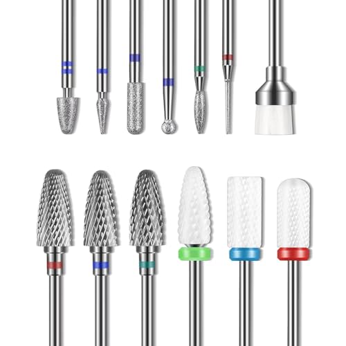 13PCS Nail Drill Bits Set, 3/32¡± Professional Nail Drill Bits, Tungsten Carbide Ceramic Efile Cuticle Remover Bits with Brush, Brocas para u?as for Home Salon Nail Manicure