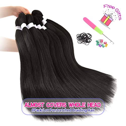 8 Pack Pre Stretched Extensions - 16" Premium Braiding Hair, 55G/Pack, Itch-Free, Hot Water Setting, Perm Yaki Texture (#1B)