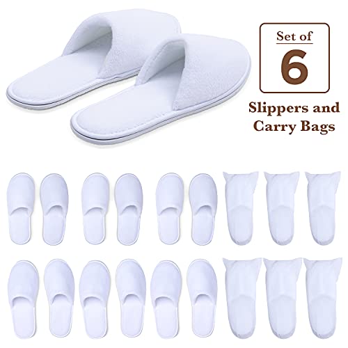 Spa Slippers, Disposable Slippers for Guests Bulk of 6 Pairs - Non-Slip Closed-Toe Premium White Spa Slippers Bulk with Travel Bags - Coral Fleece Hotel Slippers for Women and Men (6 Pair Medium)